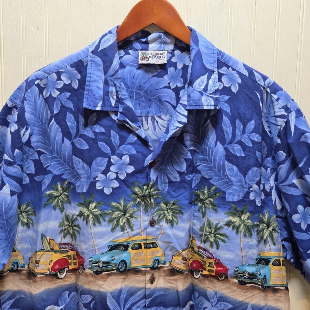 Aloha Republic Shirt Mens 2XL Blue Floral Car Hawaiian Short Sleeve Button Up